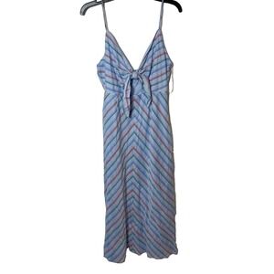 Lalavon Striped Blue Midi Dress Front Knot Keyhole Womens L Sleeveless V-neck